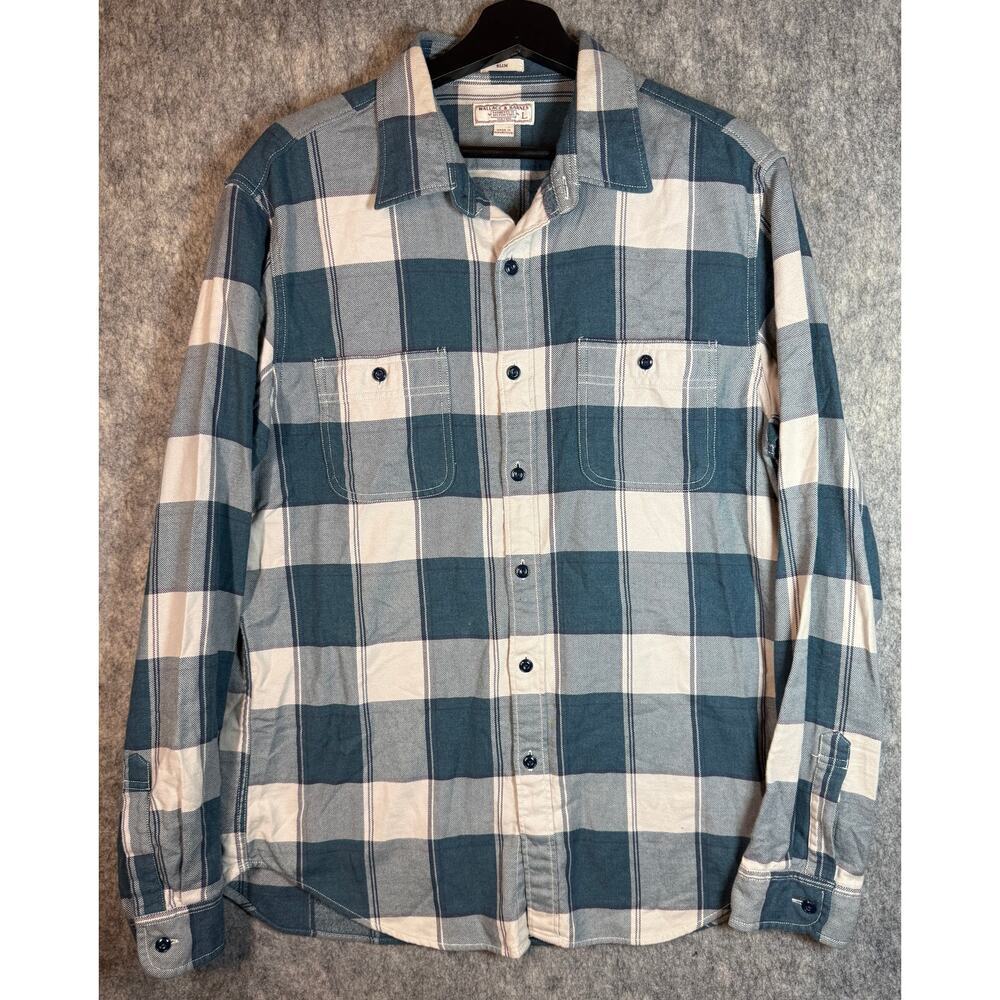 Wallace & Barnes Shirt Mens Large Blue White Plaid Button Up Flaps Chest Pocket